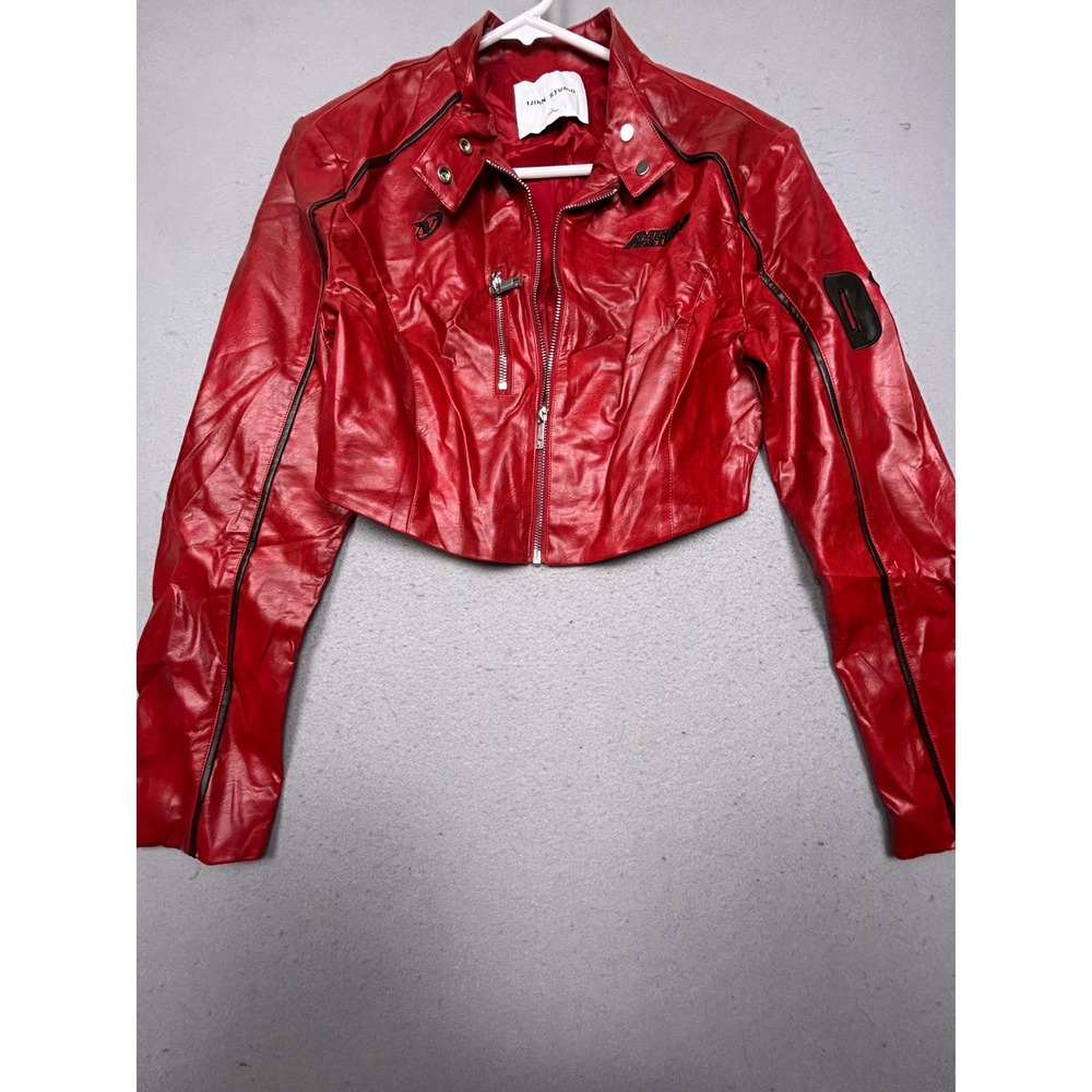 1JINN STUDIO Moto Jacket Faux Leather Red MDX23W188 Large Womens